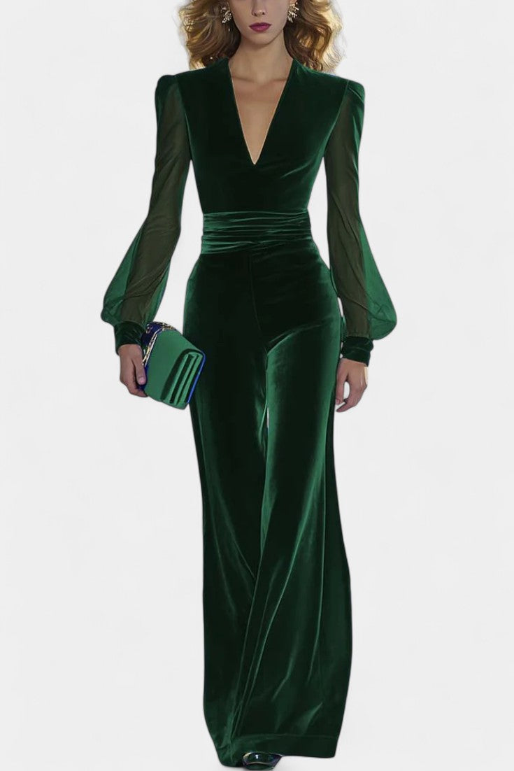 Clarène Combinaison en Velour à Manches Longues en Maille et Décolleté en V