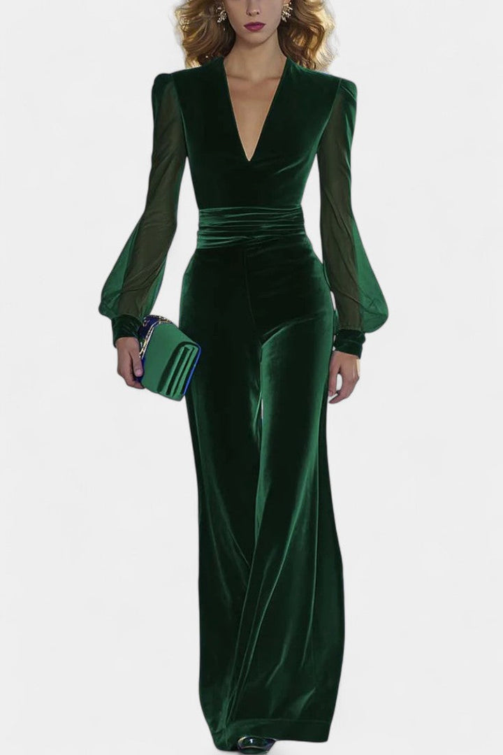 Clarène Combinaison en Velour à Manches Longues en Maille et Décolleté en V