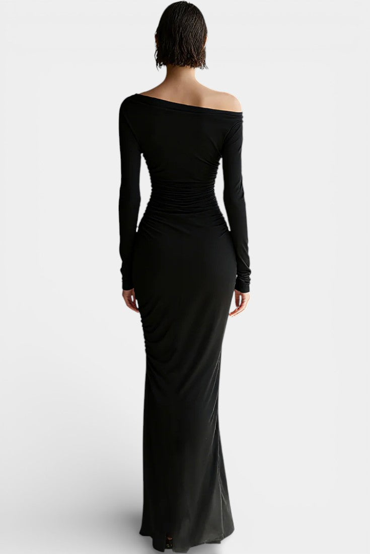 Adalsinde Robe Longue Élégante Noire en Jersey Épaules Dénudées