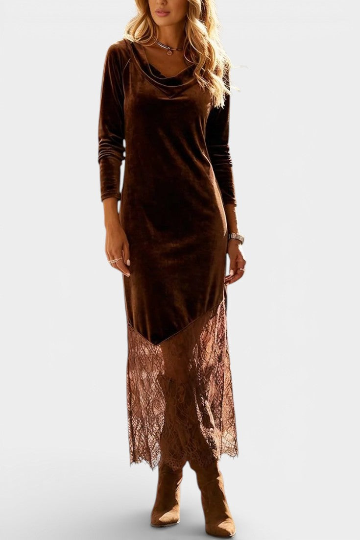 Vainilla Robe Longue en Velours et Dentelle à Col Bénitier