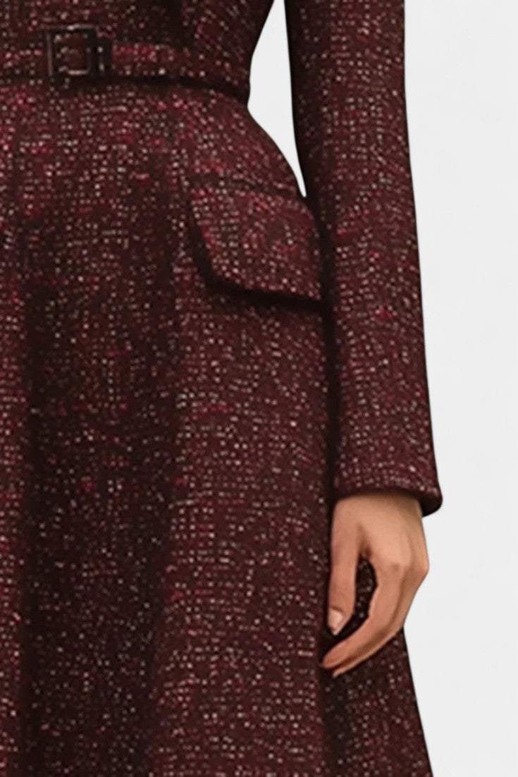 Ondine Robe Vintage en Tweed Rouge à Revers Élégants