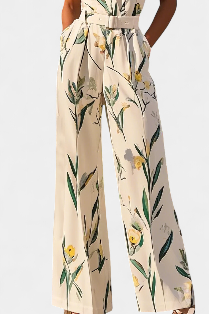 Slara Combinaison Blanche à Décolleté en V et Taille Ceinturée