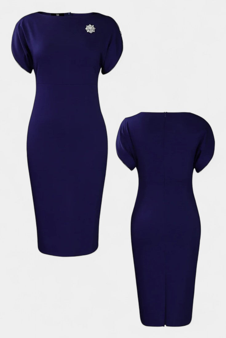 Ladina Robe Midi Fourreau à Fermeture Zippée, Manches Courtes et Fente Élégante