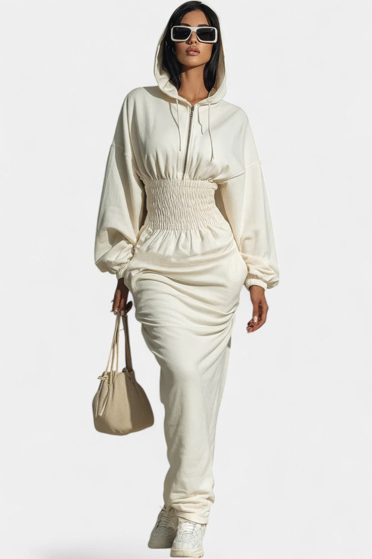Vela Robe Maxi Sweat à Capuche Froncée à la Taille