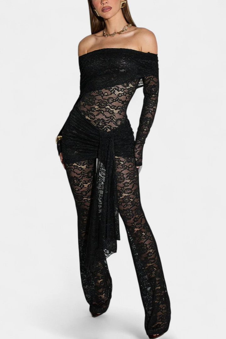 Maristella Combinaison Bardot à Dentelle Transparente et Jupe Mini Froncée