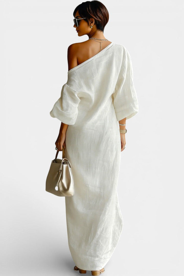 Lounaïs Robe Longue Fluide à Une Épaule en Mélange Coton-Lin Ivoire