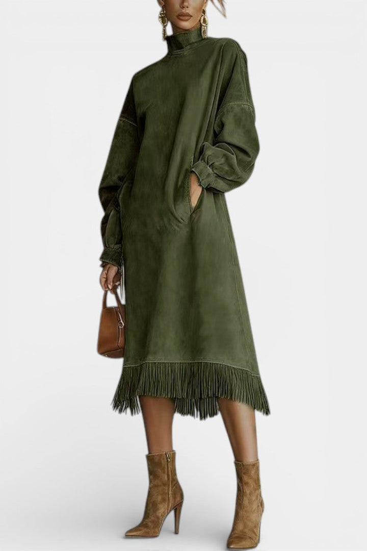 Monique Robe Midi Effet Suédé à Franges Élégantes