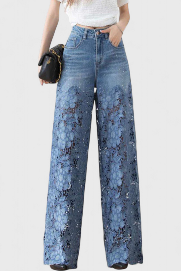 Jasiel Pantalon Palazzo en Denim à Dentelle Ajourée
