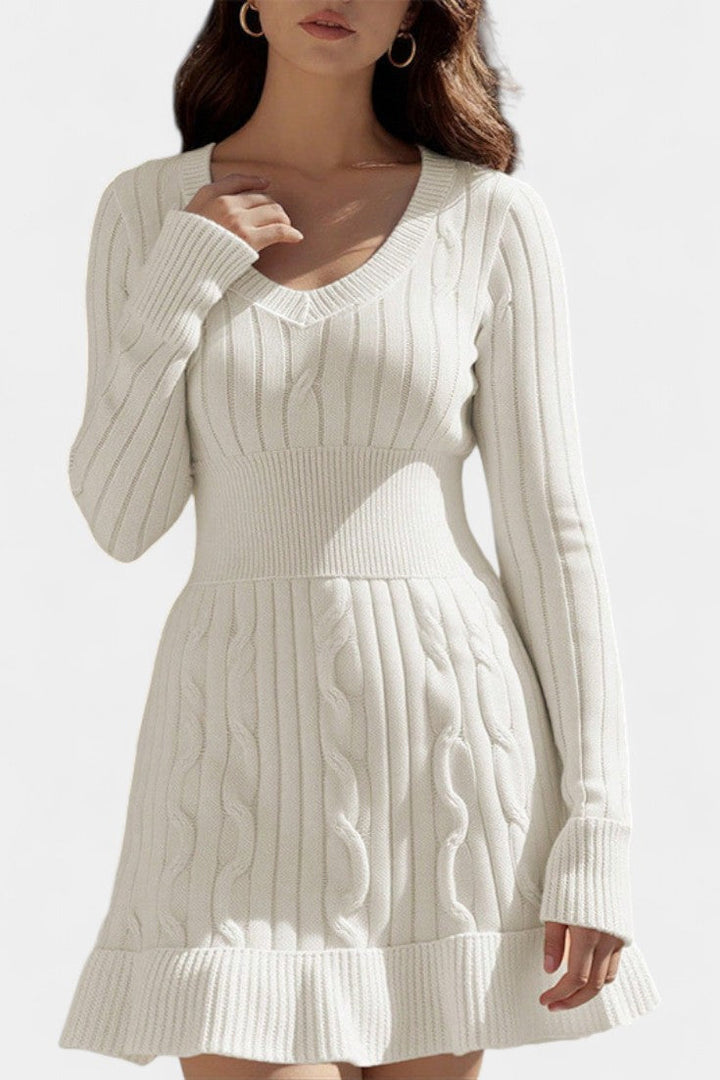 Kaïna Robe Pull Tricotée à Col V et Ourlet Évasé