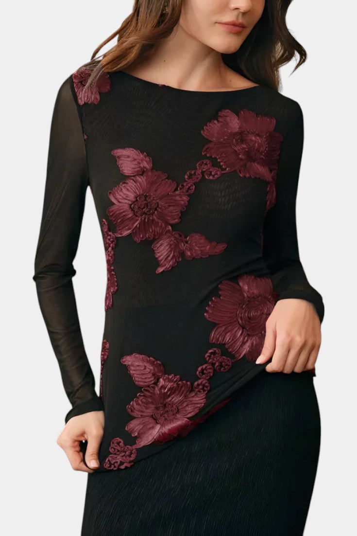 Ninon Blouse Texturée Fleurie à Encolure Bateau et Manches Longues