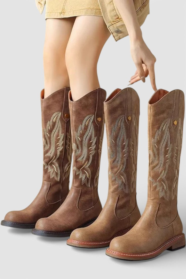 Violette Bottes Longues Brodées à Fermeture Éclair Arrière