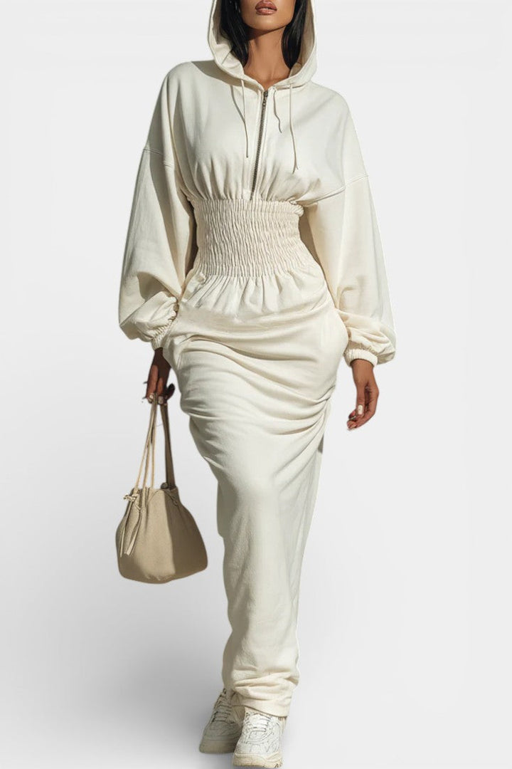 Vela Robe Maxi Sweat à Capuche Froncée à la Taille