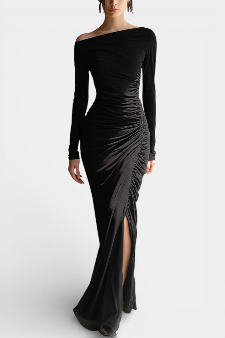 Adalsinde Robe Longue Élégante Noire en Jersey Épaules Dénudées