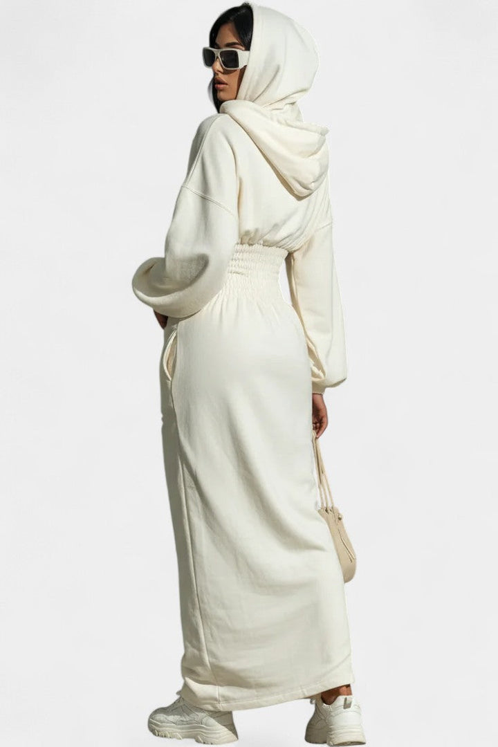 Vela Robe Maxi Sweat à Capuche Froncée à la Taille