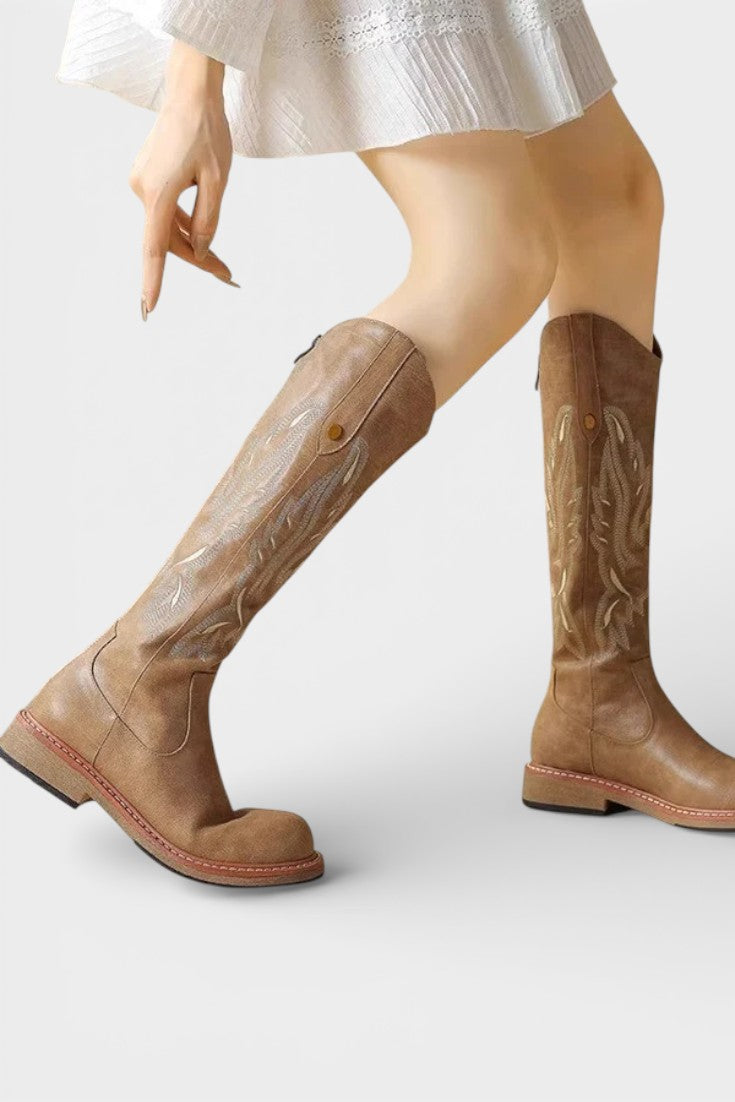 Violette Bottes Longues Brodées à Fermeture Éclair Arrière