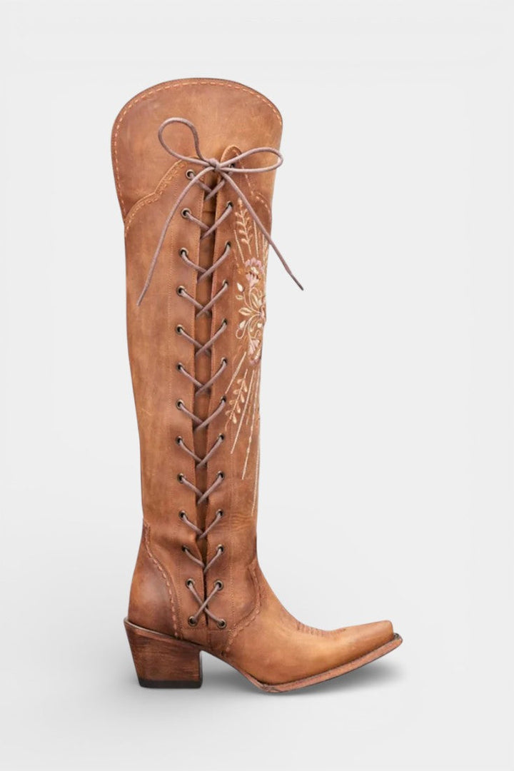 Antonine Bottes Western Vintage à Lacets Brodées