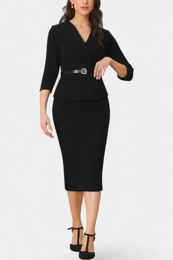 Ysabela Robe Midi Ajustée à Col à Revers et Ceinture