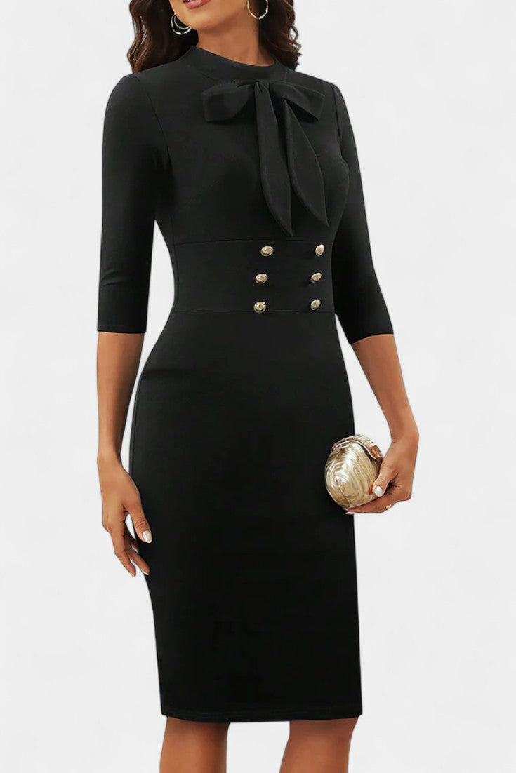 Jesusa Robe Midi Fourreau à Boutons Nœud et Manches Trois-Quarts