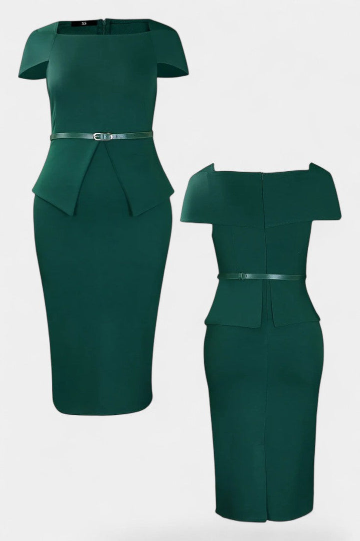 Sabela Robe Midi Fourreau à Encolure Carrée et Manches Courtes Ceinturée