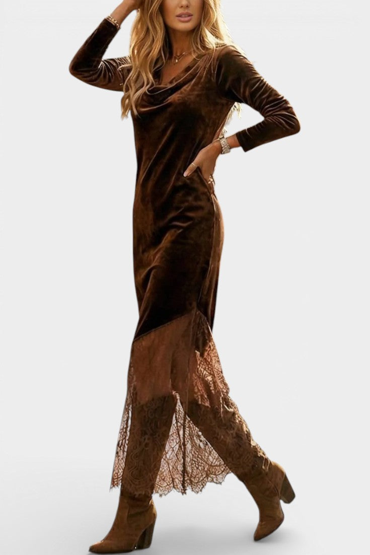 Vainilla Robe Longue en Velours et Dentelle à Col Bénitier