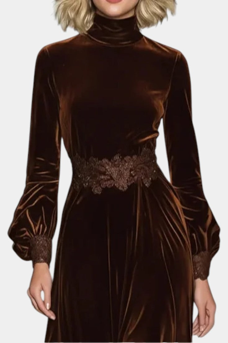 Ravella Robe Maxi en Velours à Dentelle et Manches Bouffantes