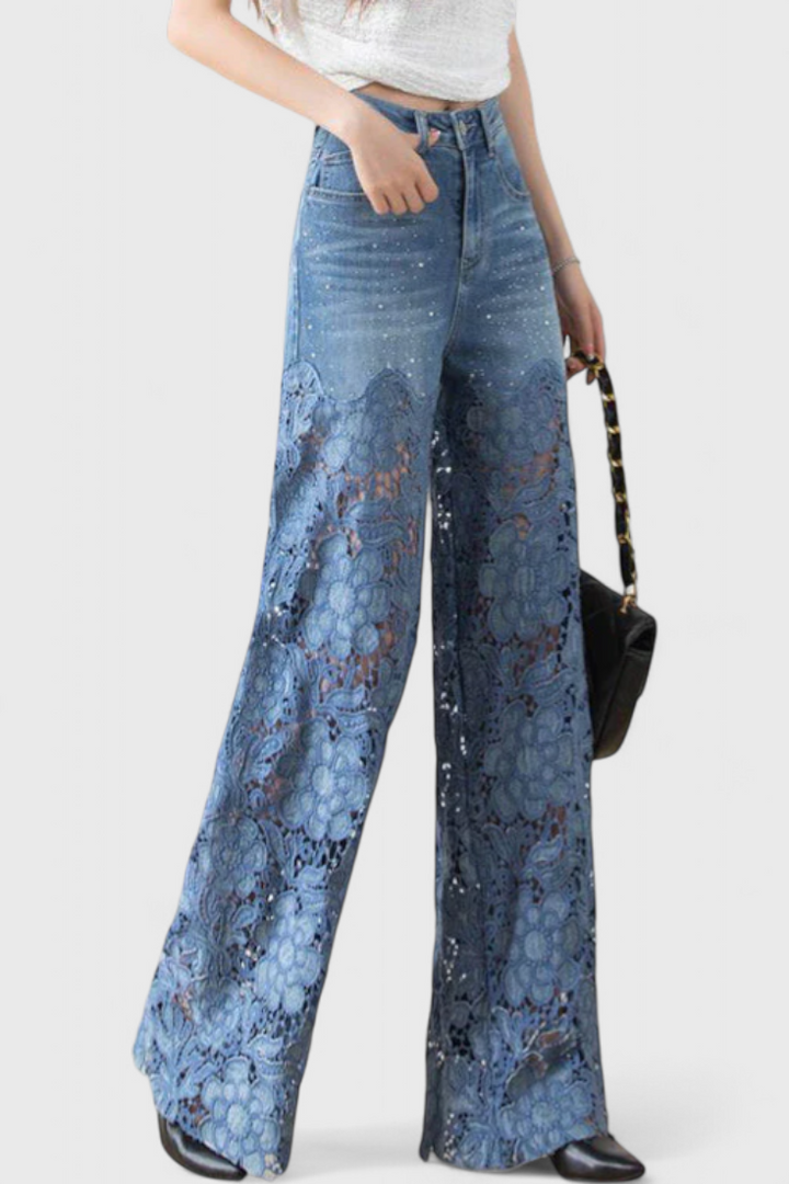 Jasiel Pantalon Palazzo en Denim à Dentelle Ajourée