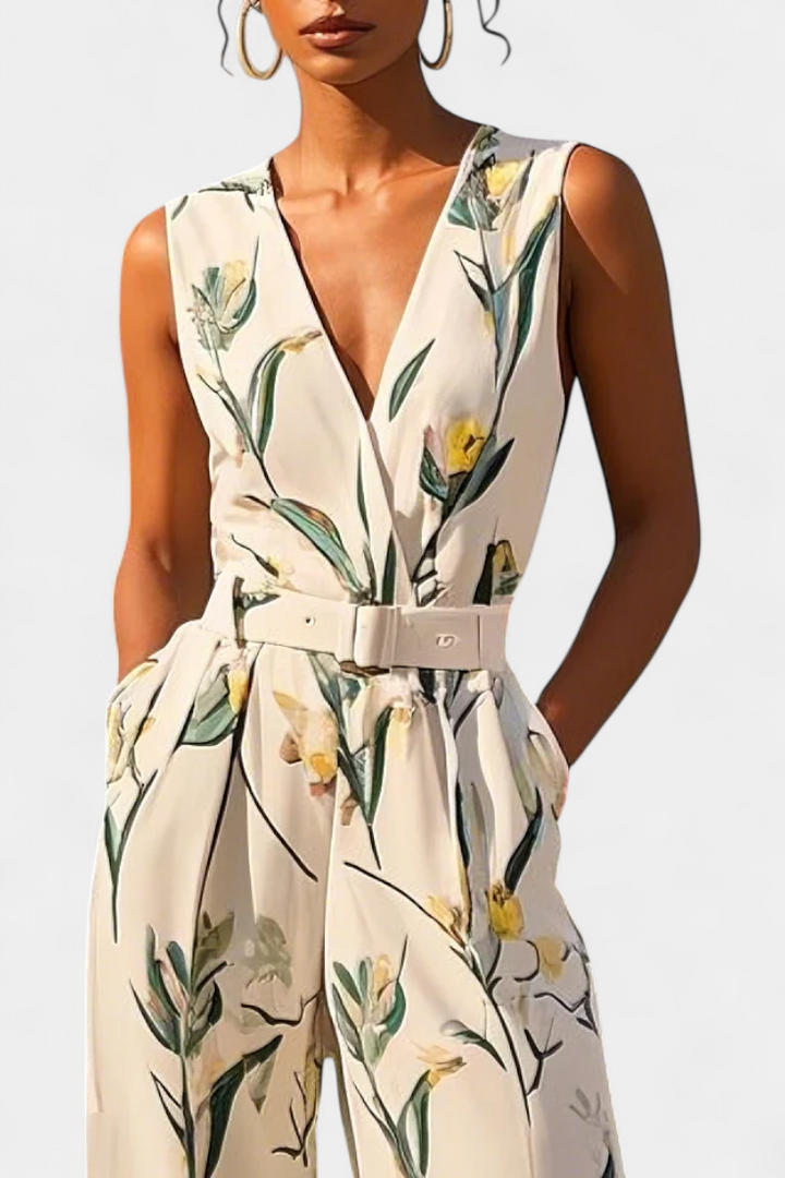 Slara Combinaison Blanche à Décolleté en V et Taille Ceinturée