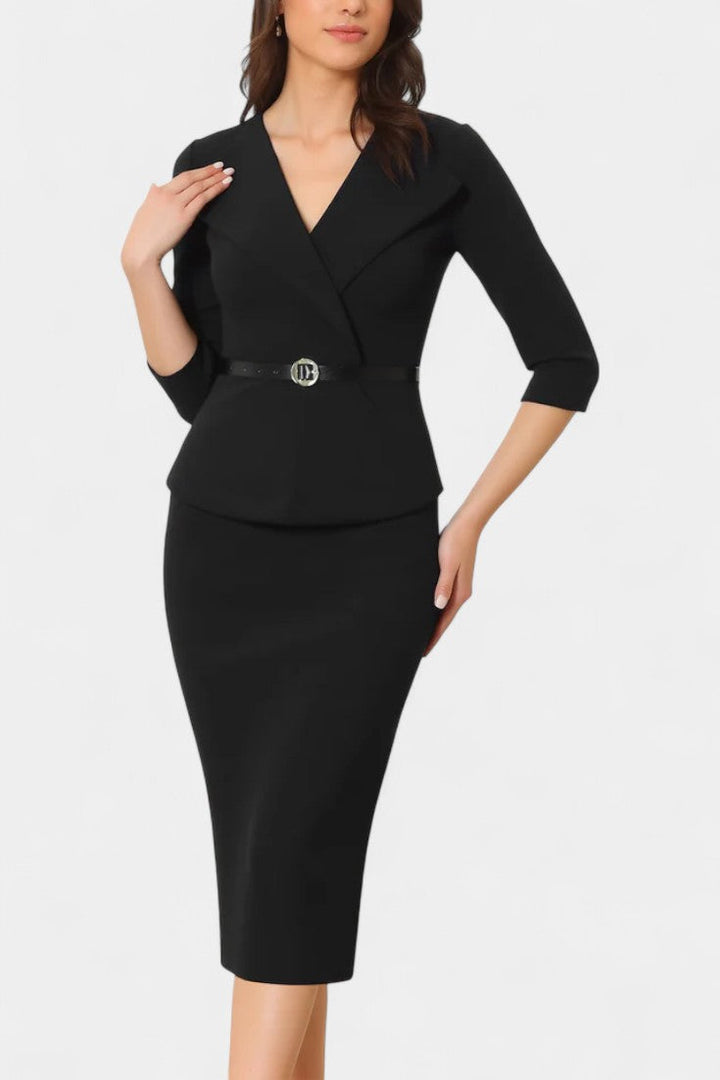 Ysabela Robe Midi Ajustée à Col à Revers et Ceinture