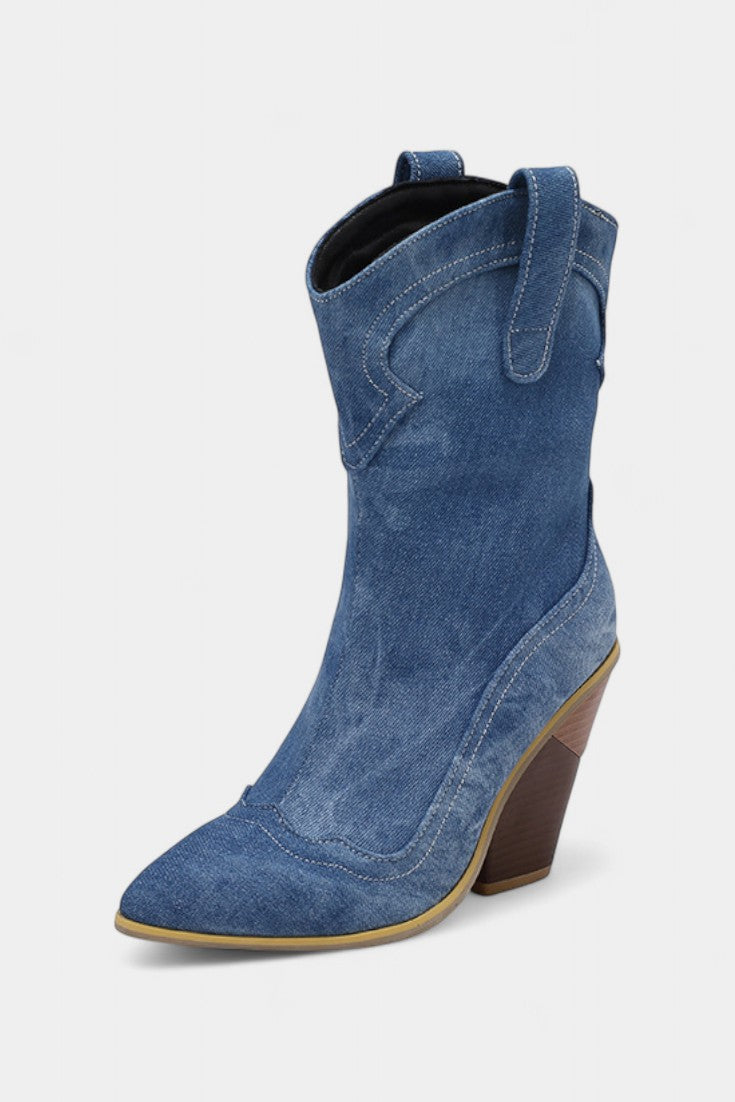 Botin Western en Cuir Souple à Pointe Effilée et Talon Bloc