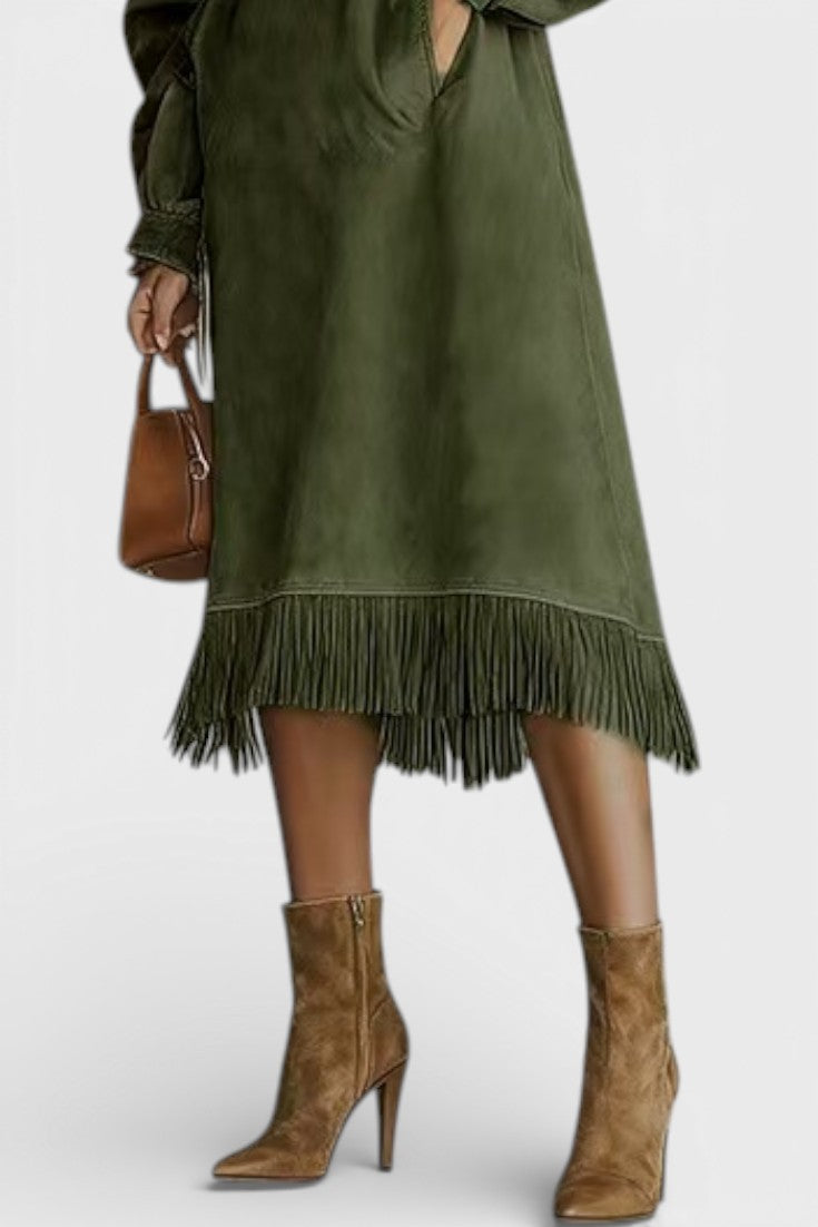 Monique Robe Midi Effet Suédé à Franges Élégantes