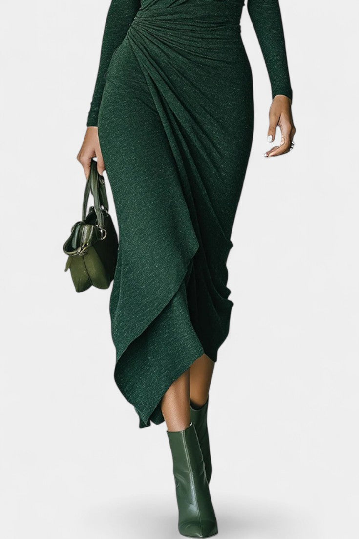 Estrella Robe Midi Drapée à Col Roulé Élégant