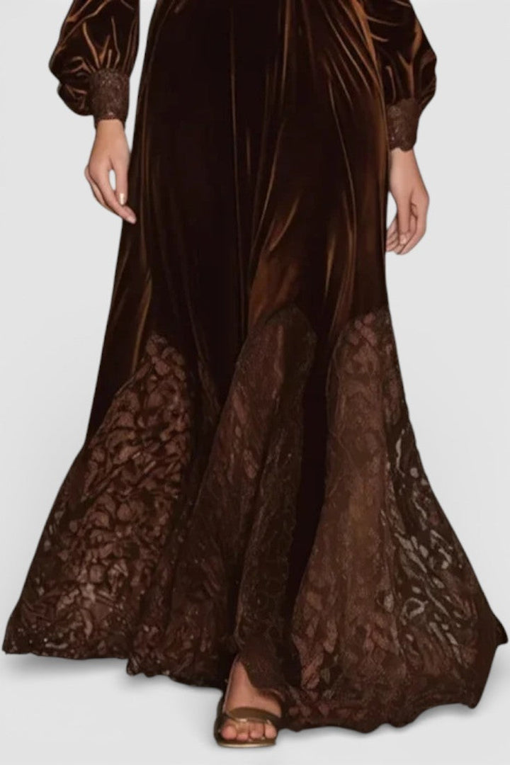 Ravella Robe Maxi en Velours à Dentelle et Manches Bouffantes