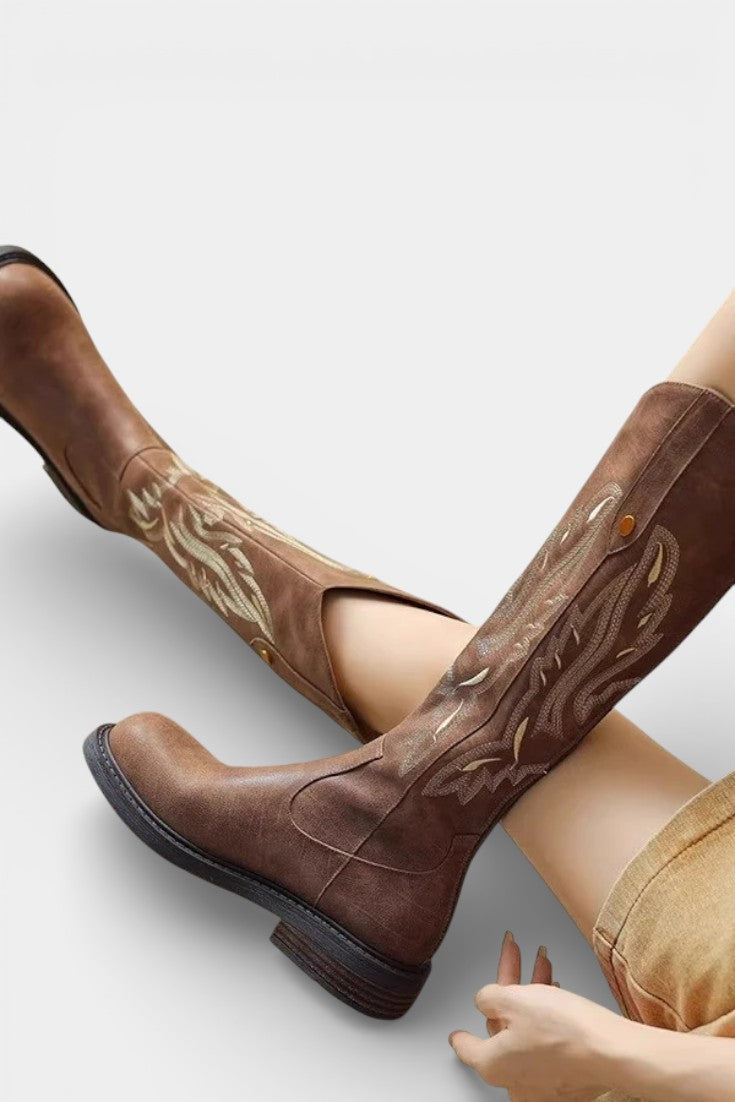 Violette Bottes Longues Brodées à Fermeture Éclair Arrière