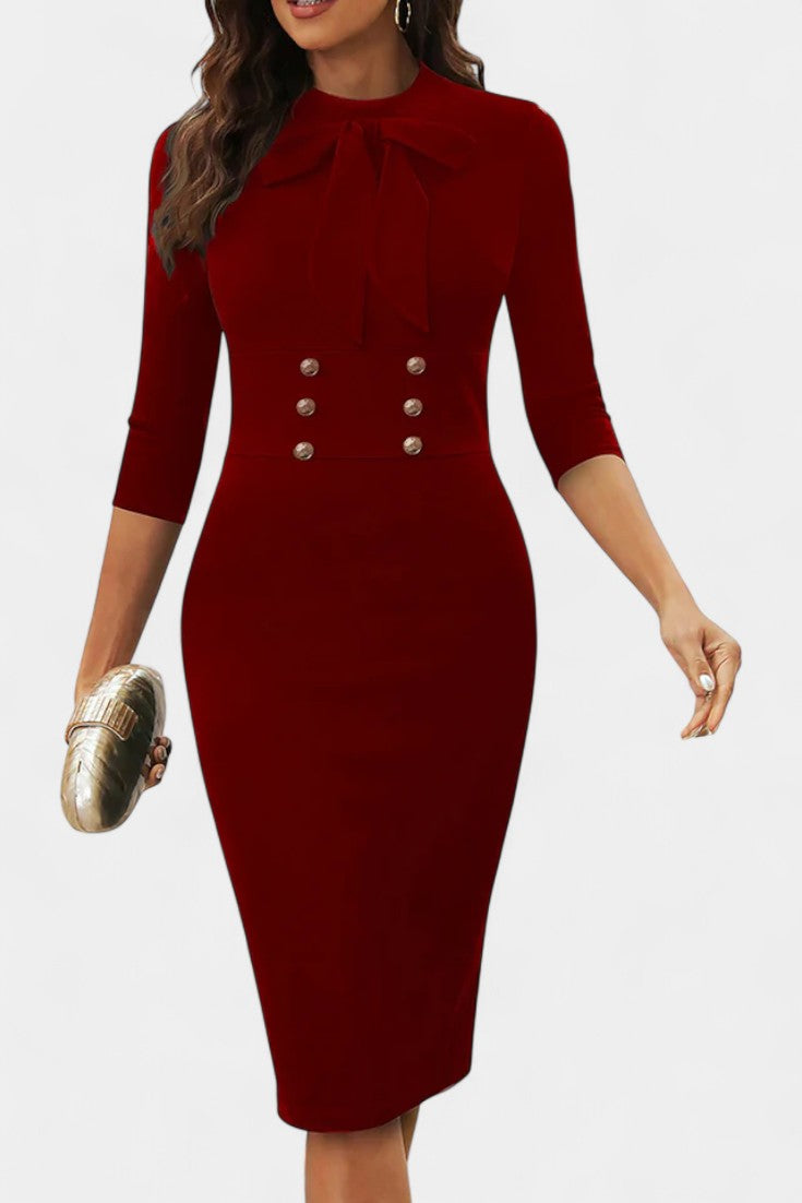 Jesusa Robe Midi Fourreau à Boutons Nœud et Manches Trois-Quarts