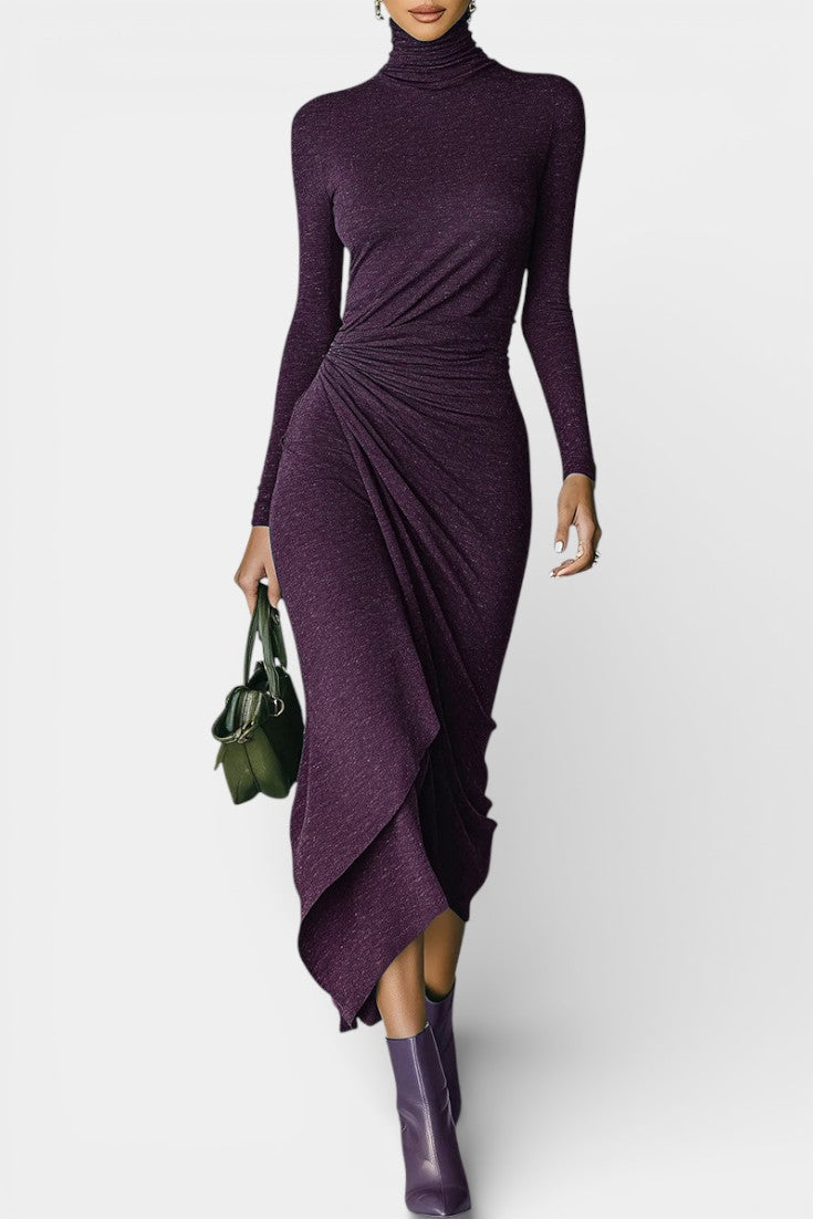 Estrella Robe Midi Drapée à Col Roulé Élégant