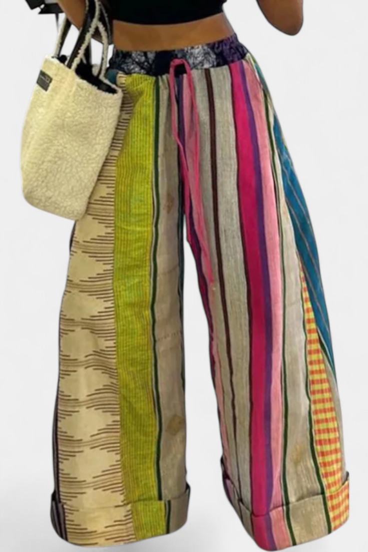 Claudine Pantalon Large à Rayures et Cordon Contrastant