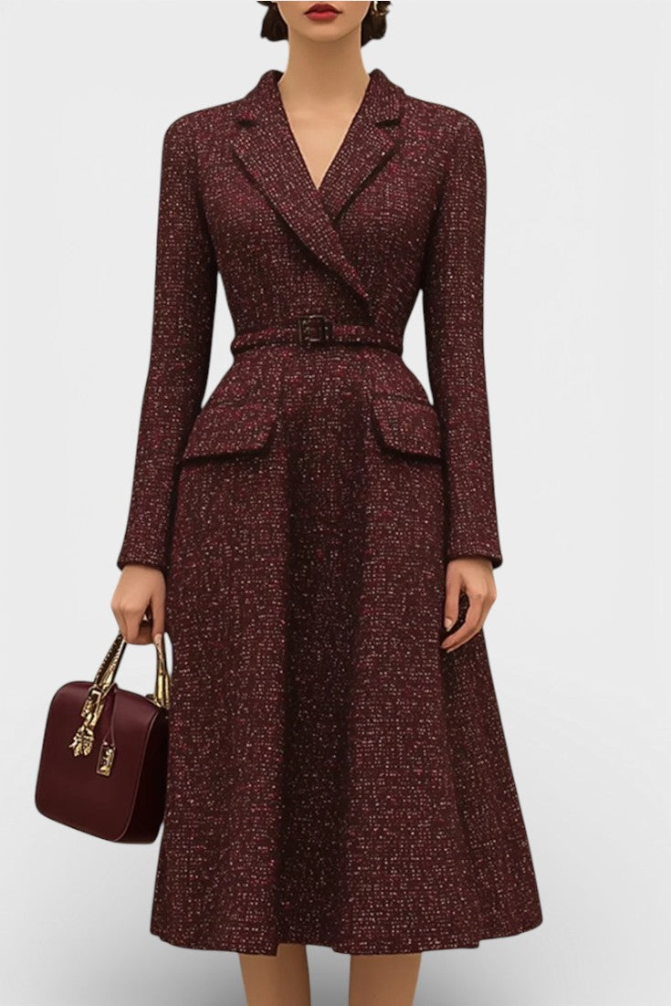 Ondine Robe Vintage en Tweed Rouge à Revers Élégants