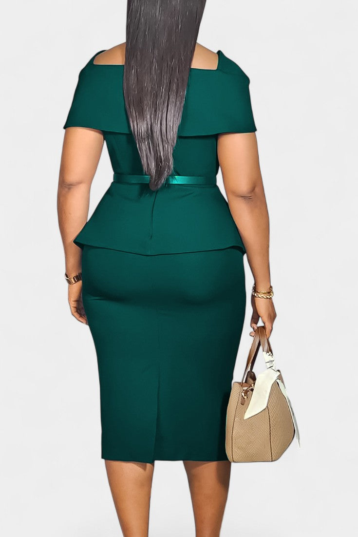 Sabela Robe Midi Fourreau à Encolure Carrée et Manches Courtes Ceinturée