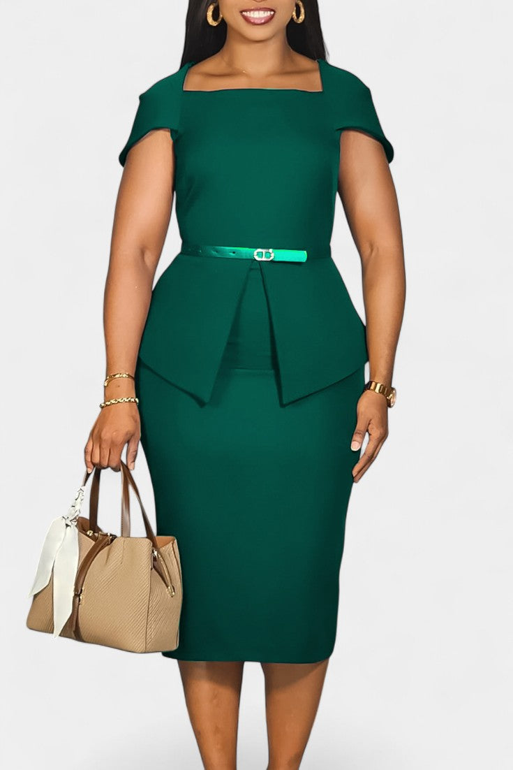 Sabela Robe Midi Fourreau à Encolure Carrée et Manches Courtes Ceinturée