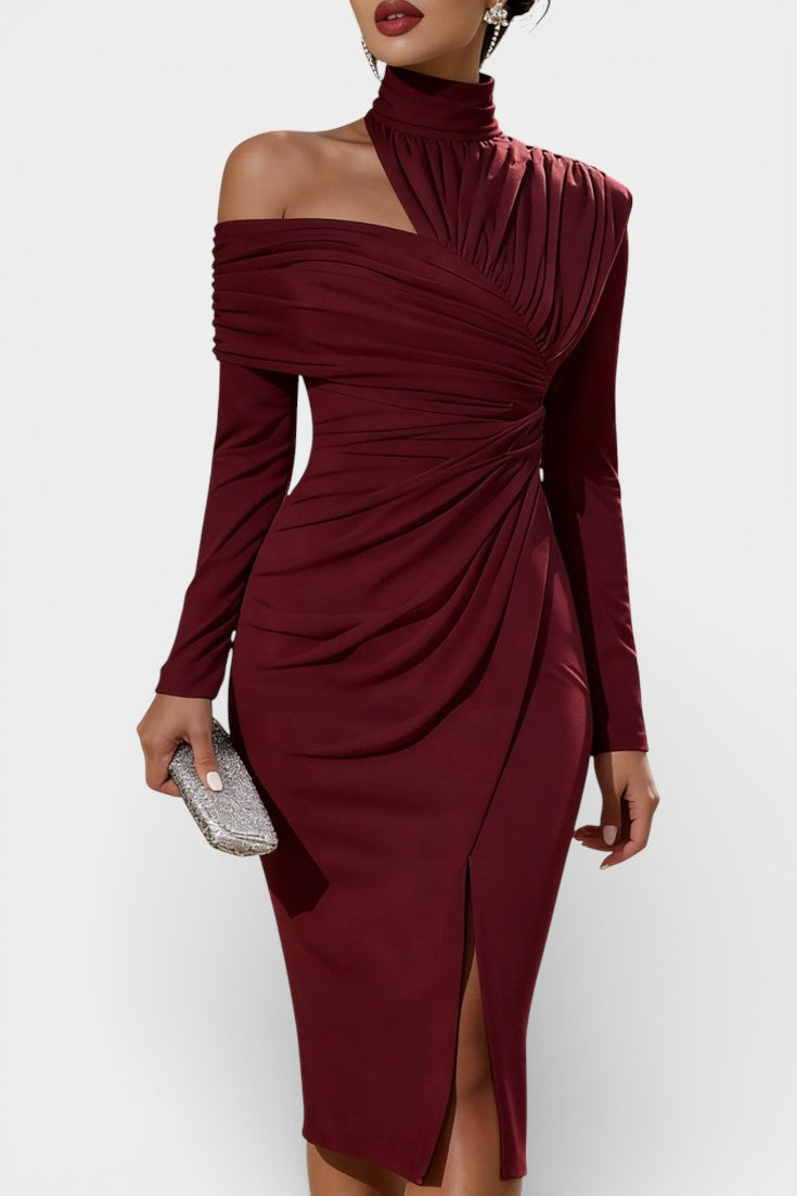 Naia Robe de Soirée Asymétrique Drapée à Col Montant Une Épaule