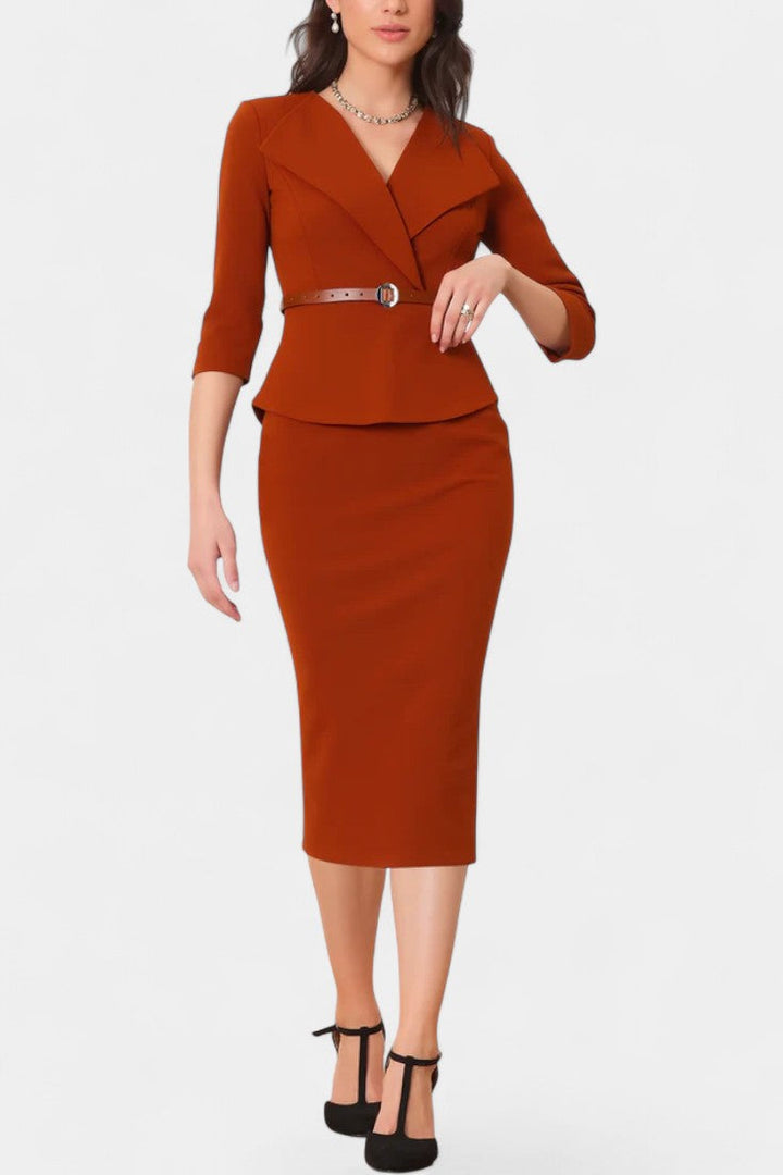 Ysabela Robe Midi Ajustée à Col à Revers et Ceinture