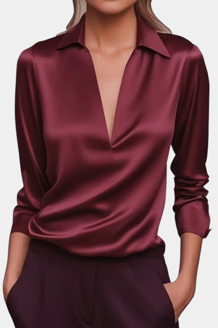 Aline Blouse en Satin Argenté à Décolleté Plongeant