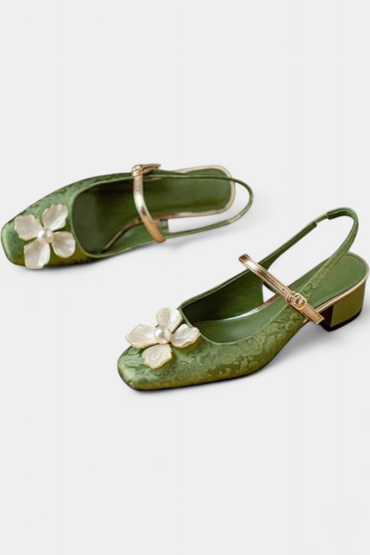 Eloise Mary Janes en Jacquard Texturé à Décor Floral et Talon Bloc Moyen