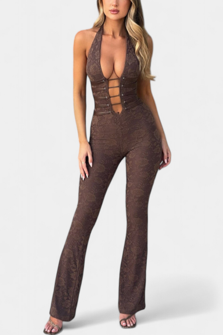 Kendra Combinaison Halter à Dentelle Florale et Dos Ouvert