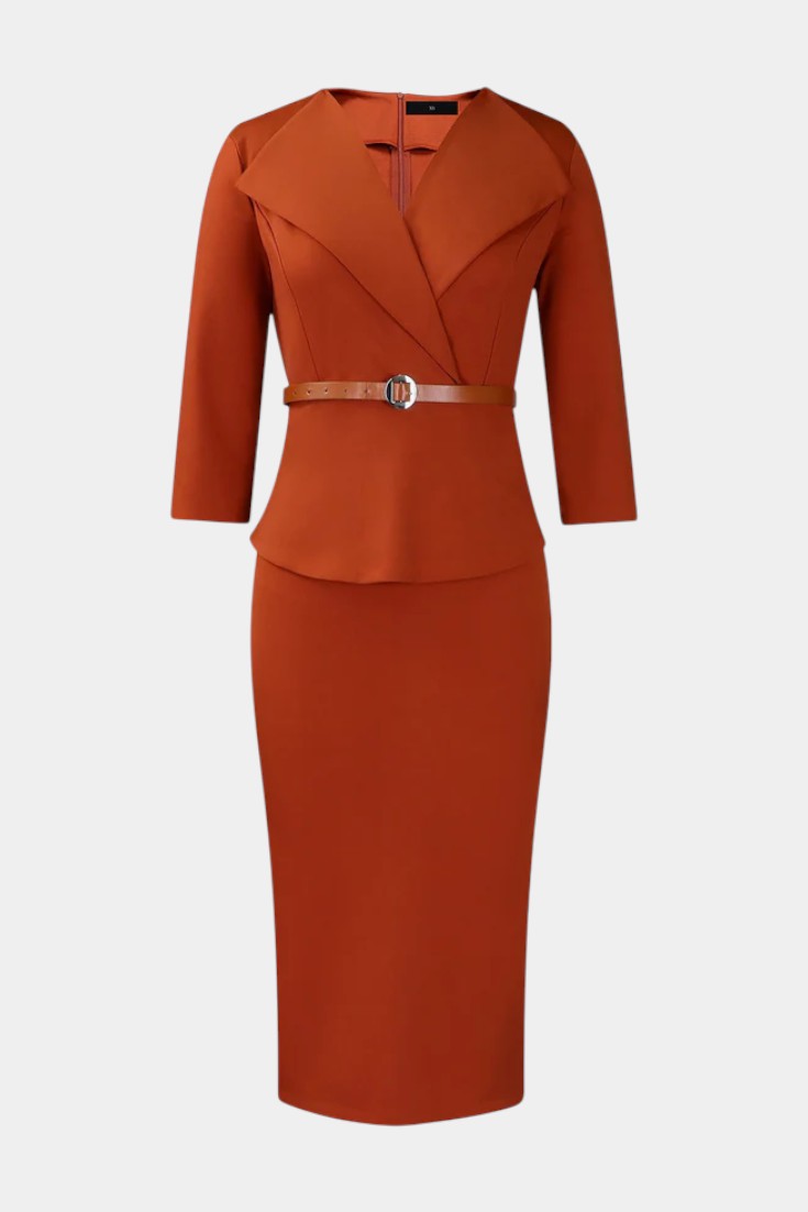 Ysabela Robe Midi Ajustée à Col à Revers et Ceinture