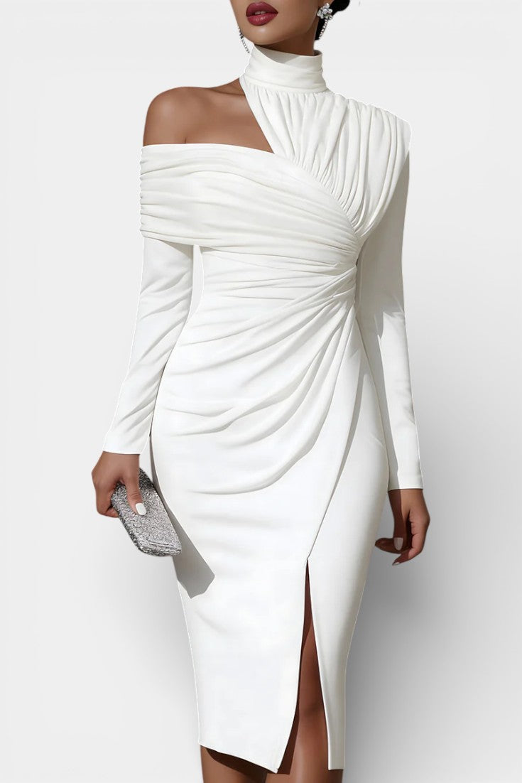 Naia Robe de Soirée Asymétrique Drapée à Col Montant Une Épaule