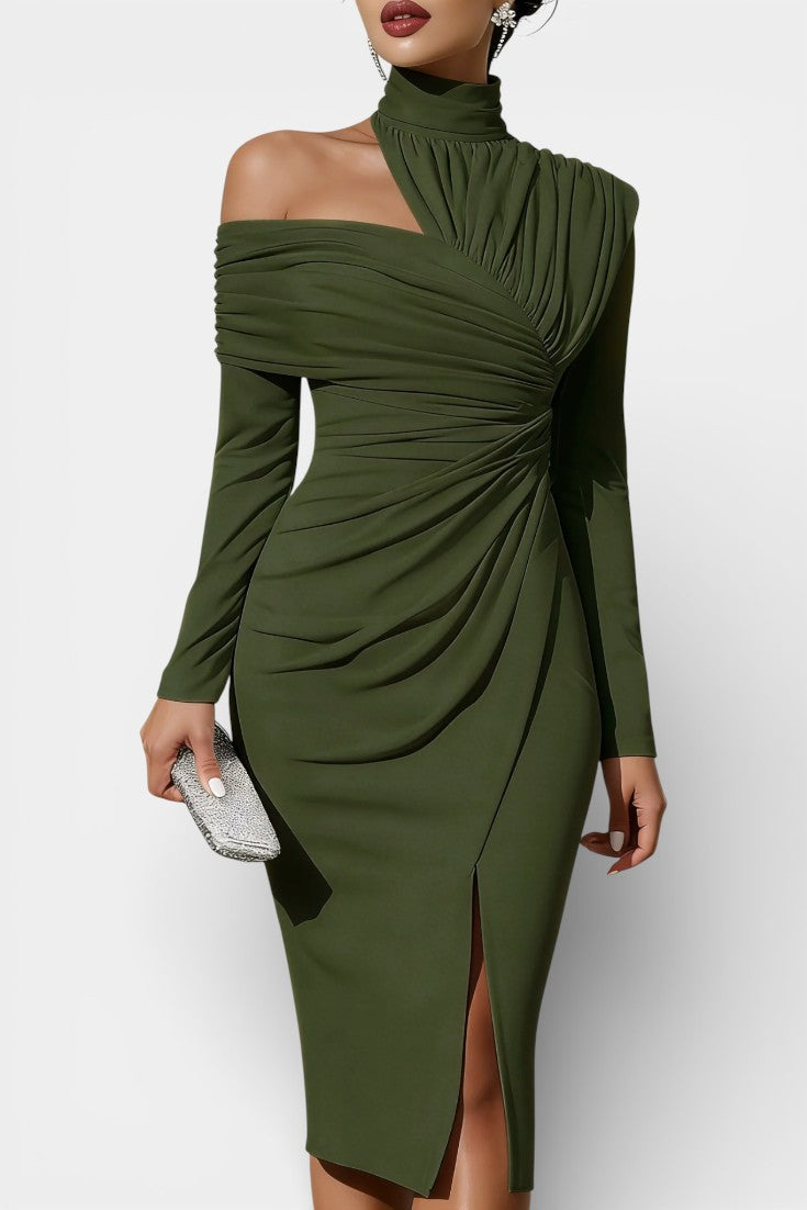 Naia Robe de Soirée Asymétrique Drapée à Col Montant Une Épaule