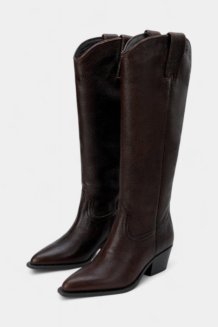 Icelle Bottes Équestres en Cuir Marron à Pointe Aiguë et Talon Bas