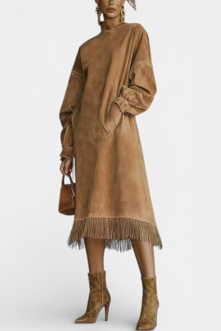 Monique Robe Midi Effet Suédé à Franges Élégantes
