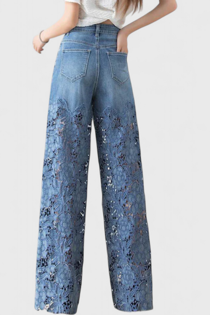 Jasiel Pantalon Palazzo en Denim à Dentelle Ajourée
